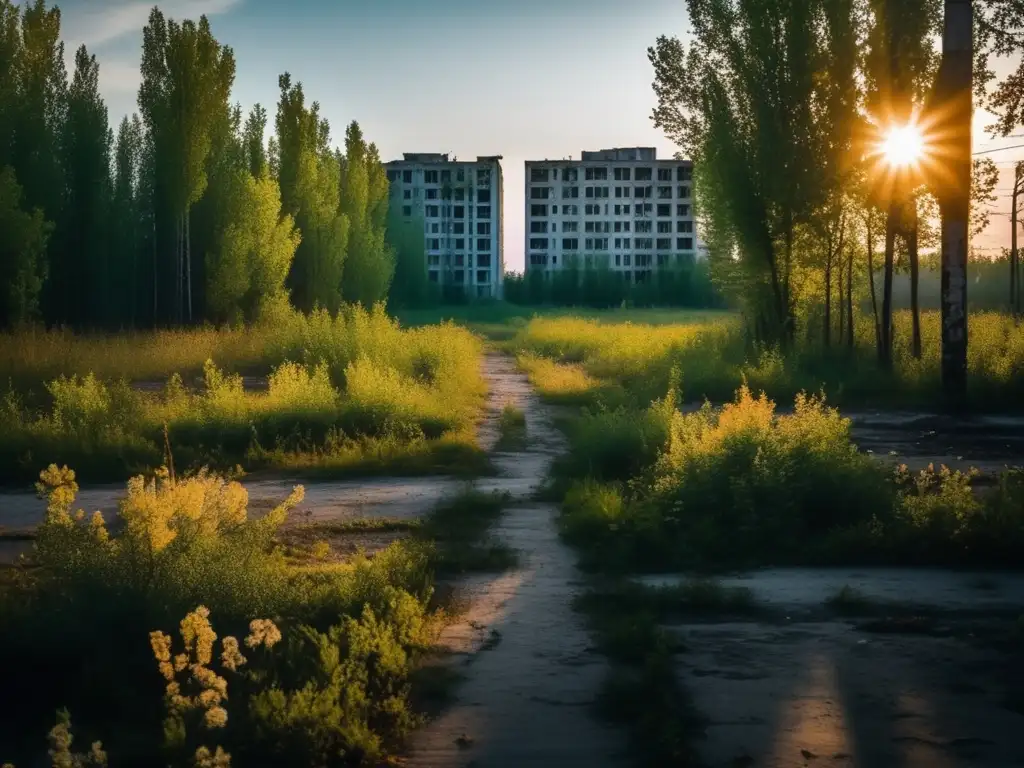 Ciudades abandonadas desastre Fukushima: El sol se pone sobre Pripyat, creando una atmósfera melancólica y sobrecogedora.