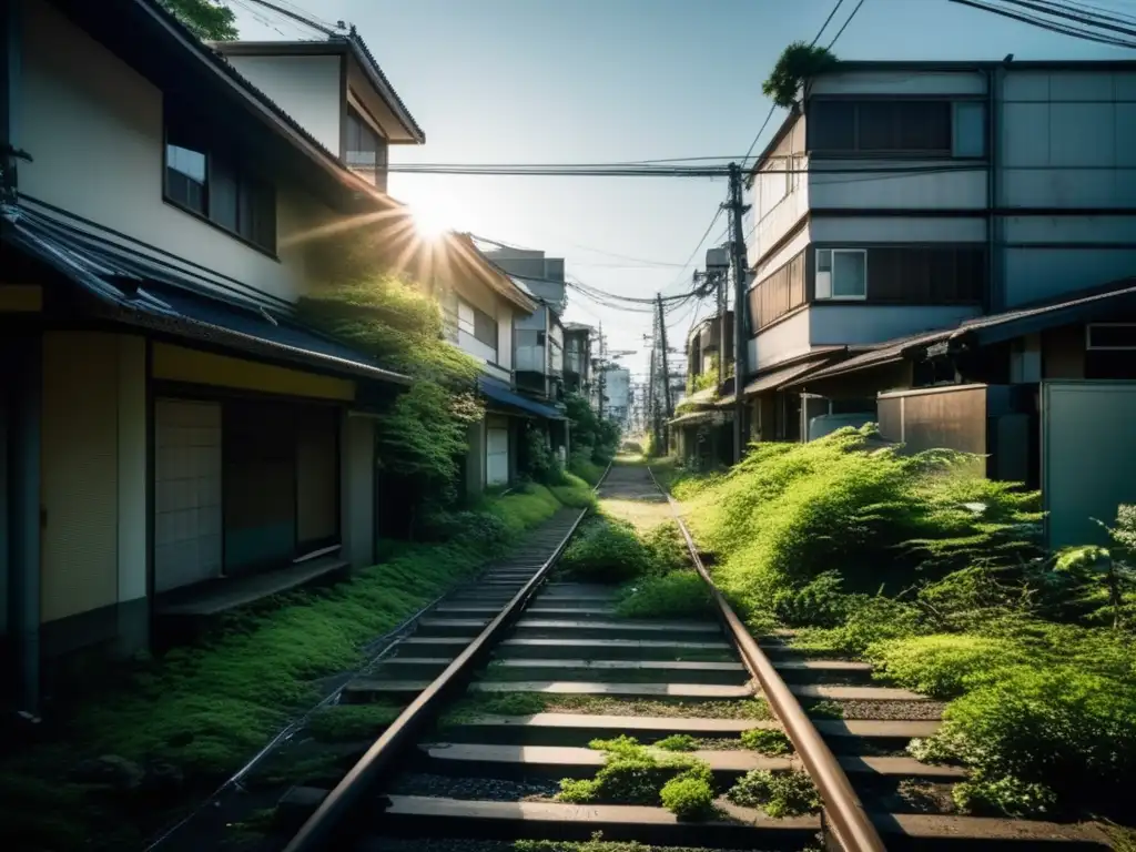 Ciudades abandonadas tras desastre Fukushima: Calles invadidas por la naturaleza, edificios en ruinas y un ambiente nostálgico y melancólico.