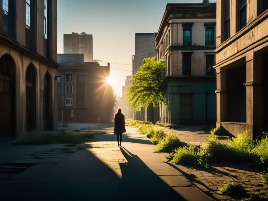 Una fotografía en ciudades fantasma abandonadas: un paisaje urbano desolado con edificios abandonados, sombras alargadas y una atmósfera inquietantemente hermosa. La vegetación crecida y el pavimento agrietado contrastan con la soledad.