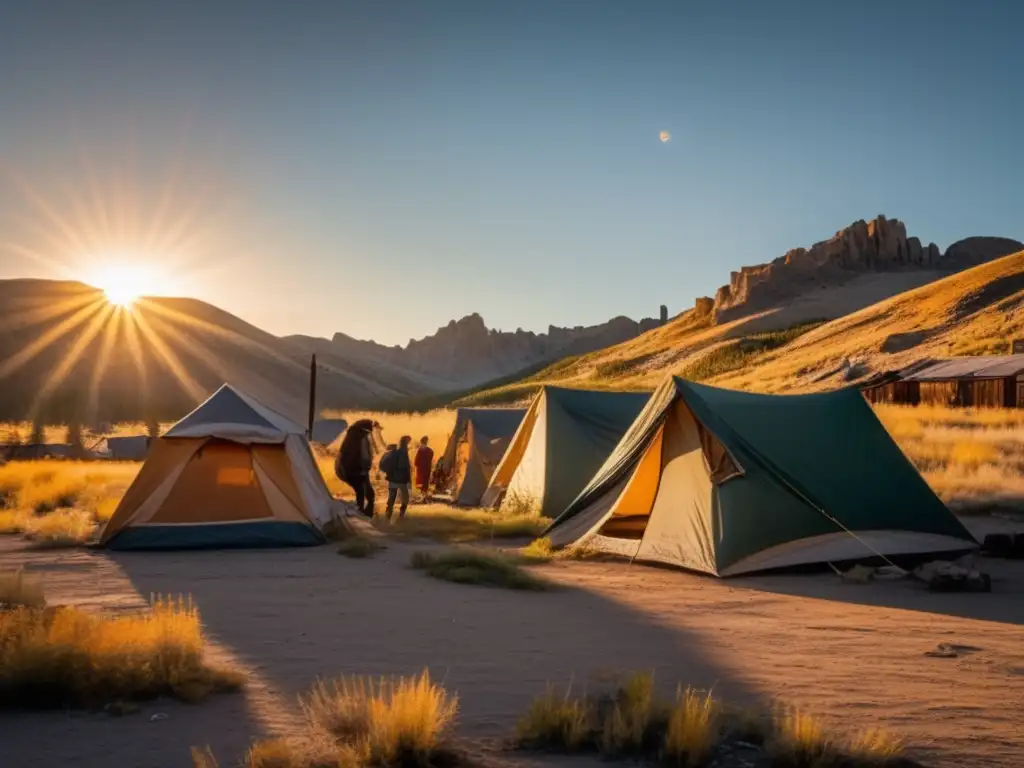 Acampar en ciudades fantasma al atardecer, entre edificios abandonados con una cálida luz dorada. La naturaleza y la decadencia urbana se fusionan en una imagen impactante.