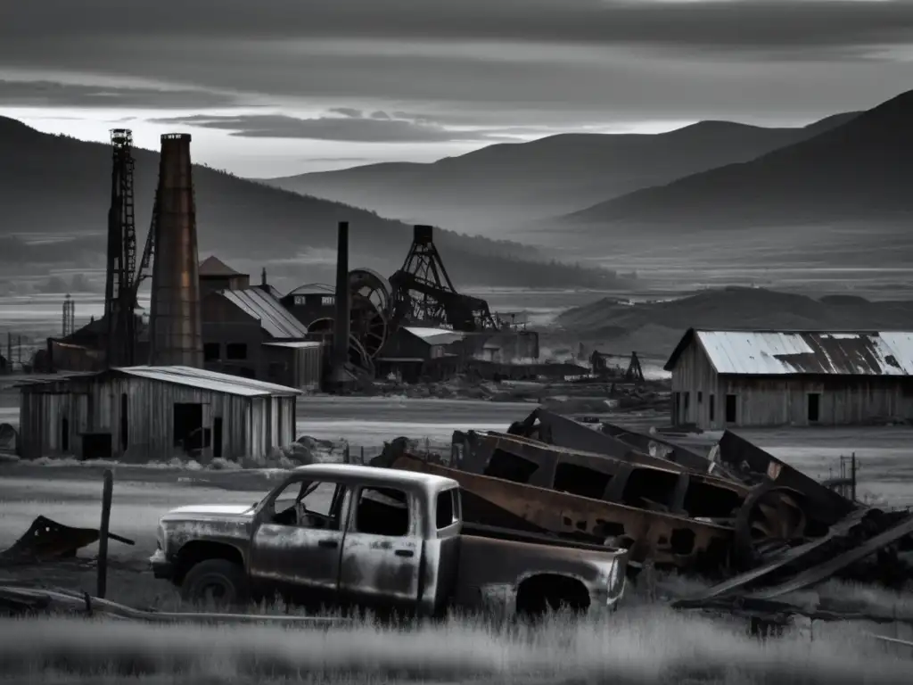 Fotografía de ciudades mineras abandonadas al atardecer, con estructuras industriales en ruinas y paisaje natural.