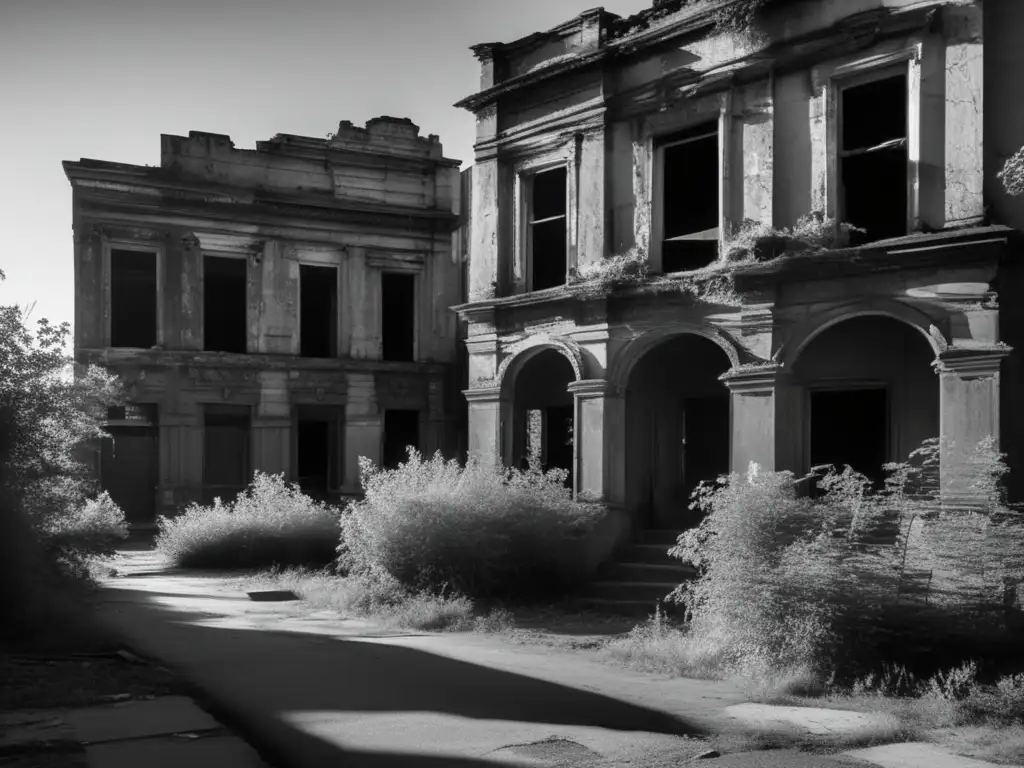 Fotografía de preservación en ciudades olvidadas: Calles abandonadas, edificios en ruinas y vegetación que reclama el paisaje urbano. Una belleza decadente atrapada en blanco y negro.