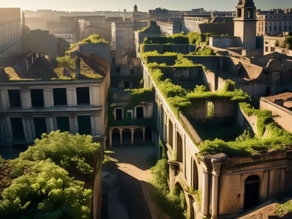 Fotografía de preservación en ciudades olvidadas: imagen detallada de una ciudad en ruinas con edificios cubiertos de hiedra y sombras alargadas.