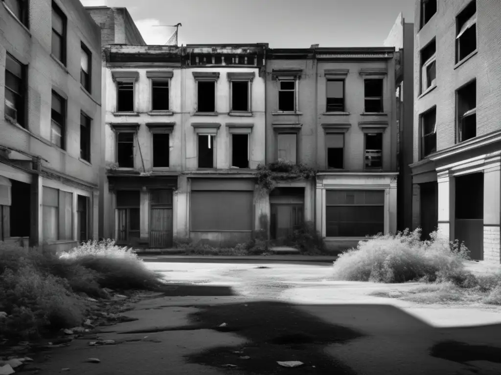 'Fotografía documental de ciudades fantasma testimonios: calle desolada, edificios abandonados y vegetación invadiendo'.