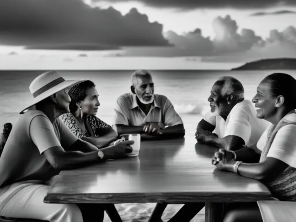 Una conmovedora imagen en blanco y negro de residentes de Vieques discutiendo apasionadamente sobre la historia y el futuro de su isla, con el mar de fondo. <b>Refleja la fuerza y la resiliencia de la comunidad mientras navegan la compleja narrativa de Vieques.</b> <b>Historia Isla Vieques Puerto Rico.