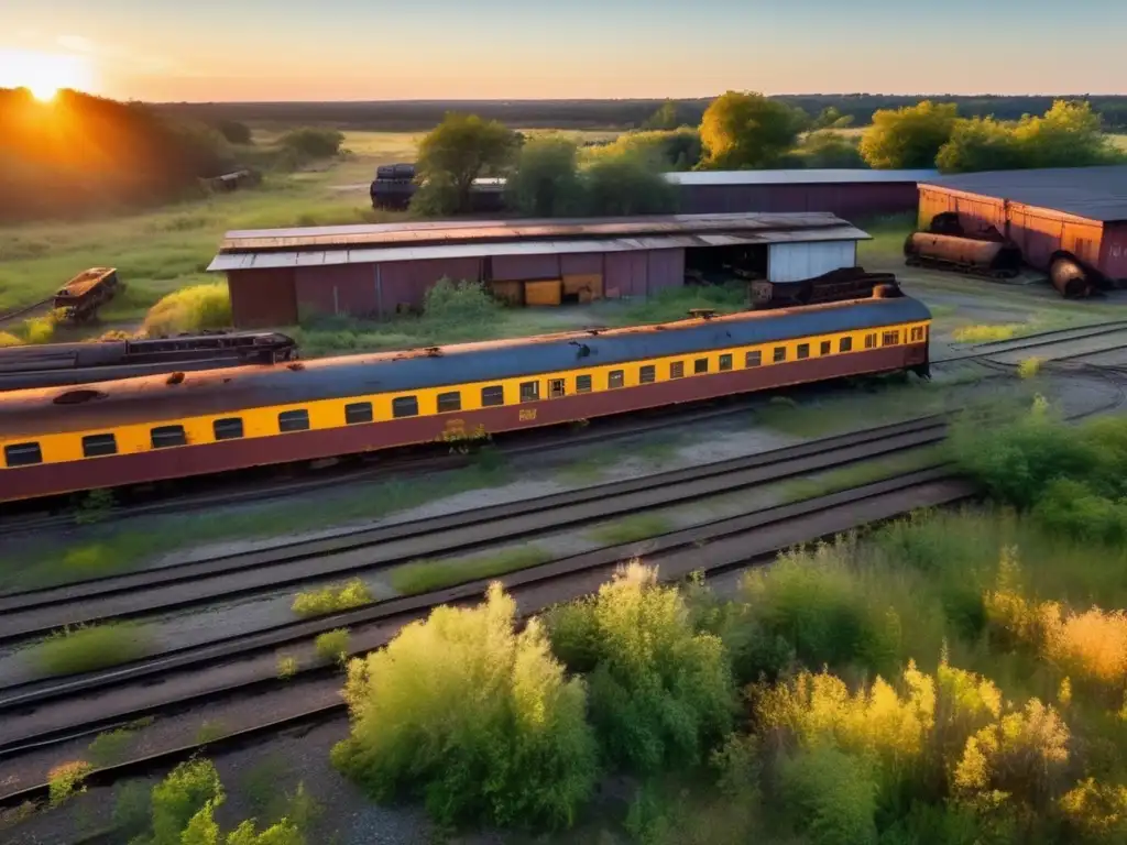 Un decadente depósito de trenes abandonados al atardecer, con locomotoras oxidadas y vagones desgastados entre vías cubiertas de maleza.