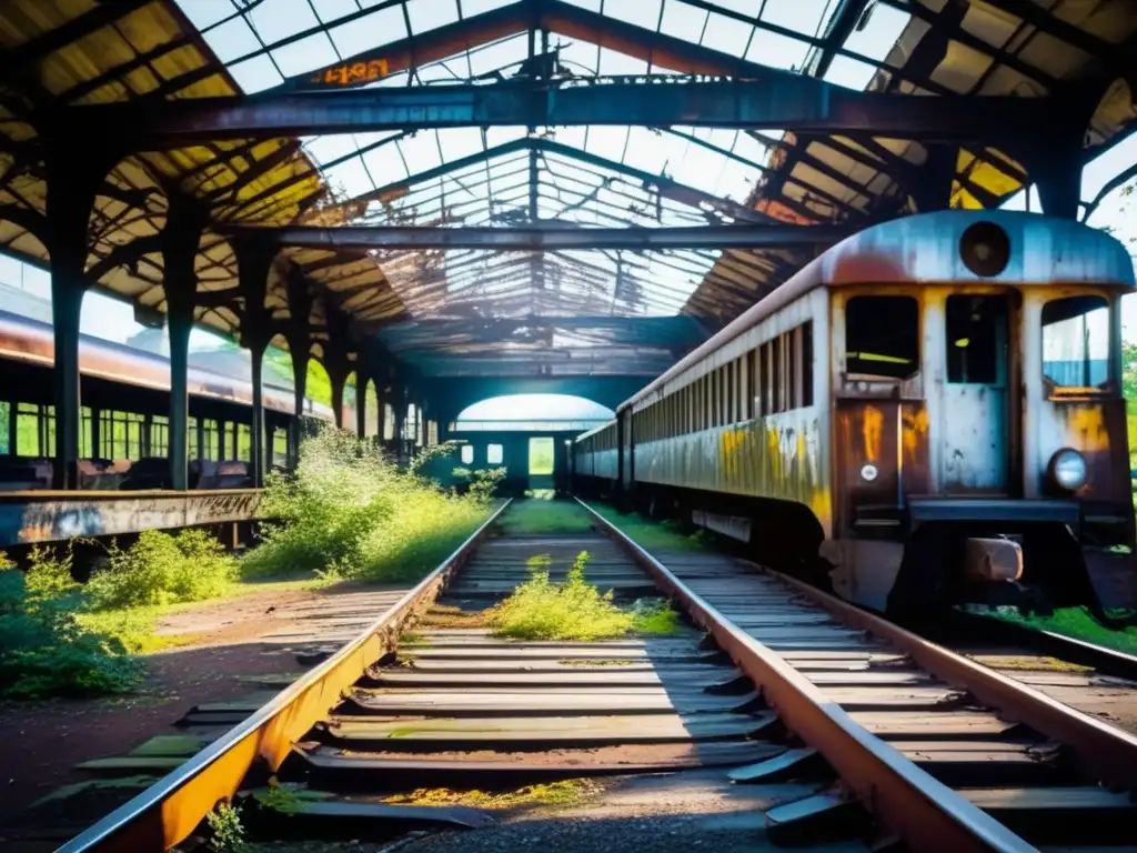 Un depósito de trenes abandonados, con vagones oxidados y grafitis, envuelto en la belleza melancólica del abandono.