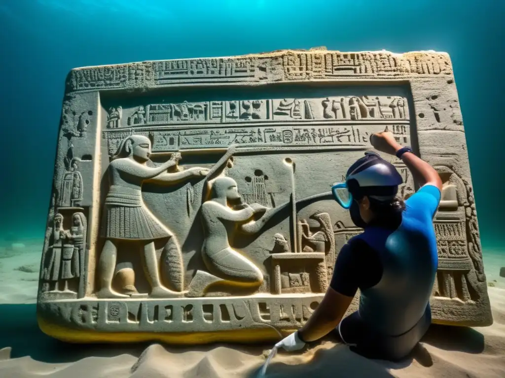 Descubrimiento de la ciudad sumergida de Heracleion: arqueólogo submarino ilumina antigua tableta con escenas de la vida diaria. <b>Ruinas de la ciudad al fondo, evocando historia y exploración moderna.