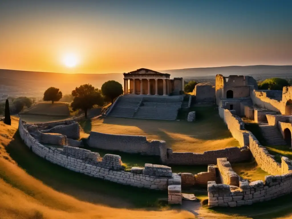 Descubrimiento de ciudades fantasma abandonadas: Ruinas de Troya al atardecer, con sombras largas y misteriosas.