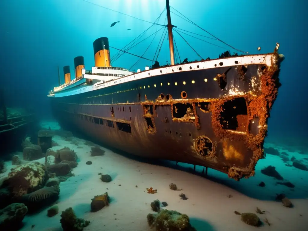 Descubrimientos recientes del Titanic abismo: imagen del naufragio rodeado de oscuridad y vida marina, destacando su belleza y escala.