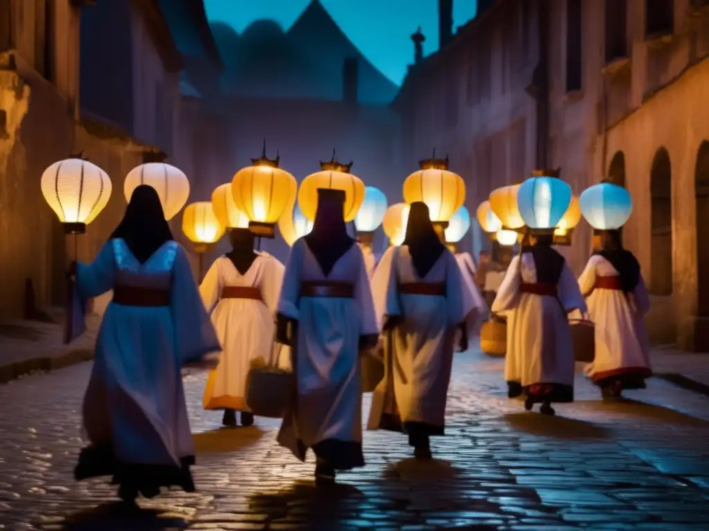 Un desfile de figuras espectrales en trajes tradicionales recorre las calles empedradas de una ciudad abandonada. <b>La procesión etérea se ilumina con linternas, proyectando sombras largas y espeluznantes.</b> Las figuras fantasmales son translúcidas pero expresan emociones