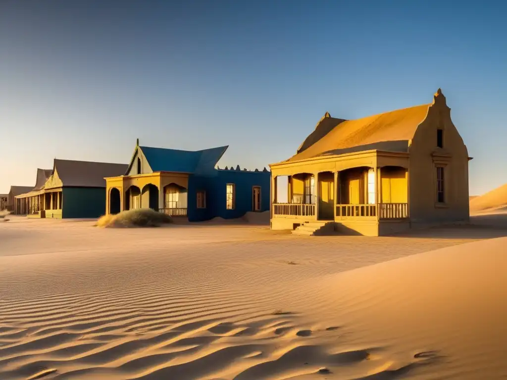 Kolmanskop en el desierto Namibio: la luz dorada del atardecer ilumina las ruinas de este pueblo fantasma, creando una escena hermosa y desolada.