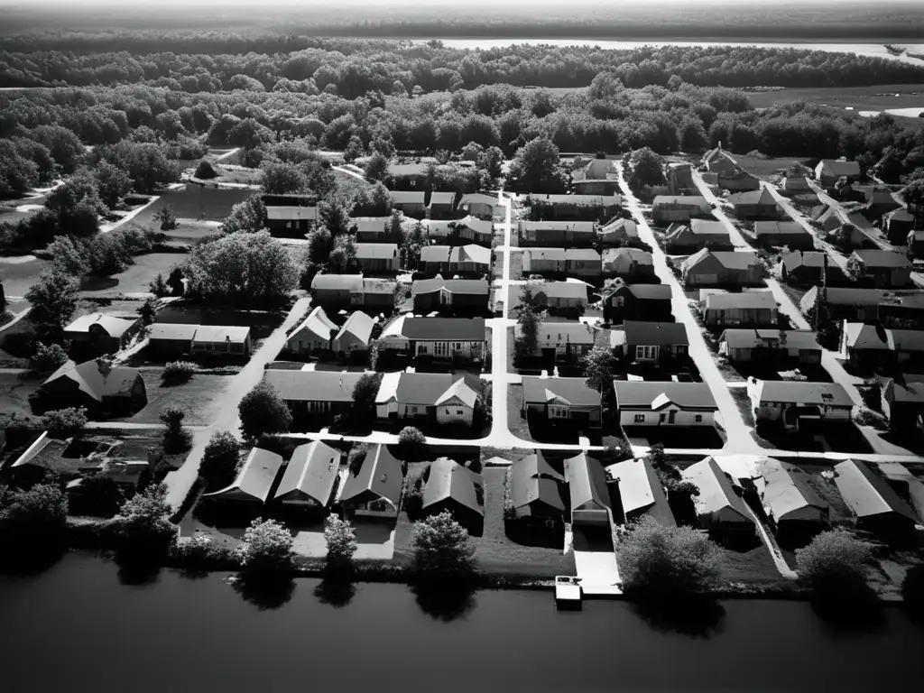 Un desolado paisaje en blanco y negro del barrio Love Canal tóxico, con casas desgastadas y un río contaminado, evoca un fuerte despertar emocional.