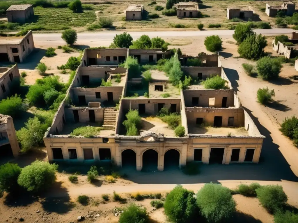 Un desolado paisaje urbano de Agdam, pueblo fantasma de Agdam conflicto, con edificios abandonados y una atmósfera misteriosa.