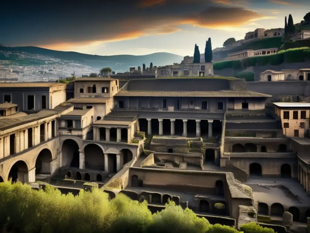 Una fotografía detallada de las antiguas ruinas de Herculano, revelando la belleza fantasmal de la ciudad. <b>Historia ciudad fantasma Herculano.