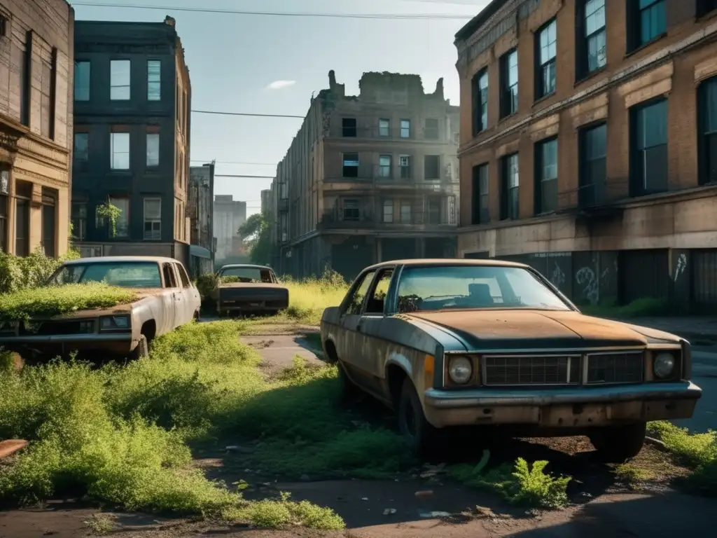 Una fotografía detallada de una calle urbana desierta, con edificios en ruinas, vegetación crecida y vehículos abandonados. La luz atmosférica resalta la desolación, mostrando la impacto económico desaparición servicios básicos en la comunidad abandonada.