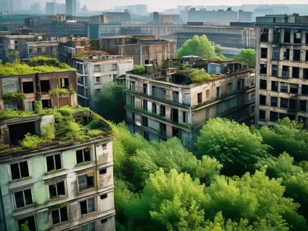 Una fotografía detallada y desolada de un paisaje urbano abandonado. <b>Edificios en ruinas, naturaleza reclamando su espacio.</b> <b>La belleza de la decadencia.</b> <b>Fotografía de lugares abandonados.