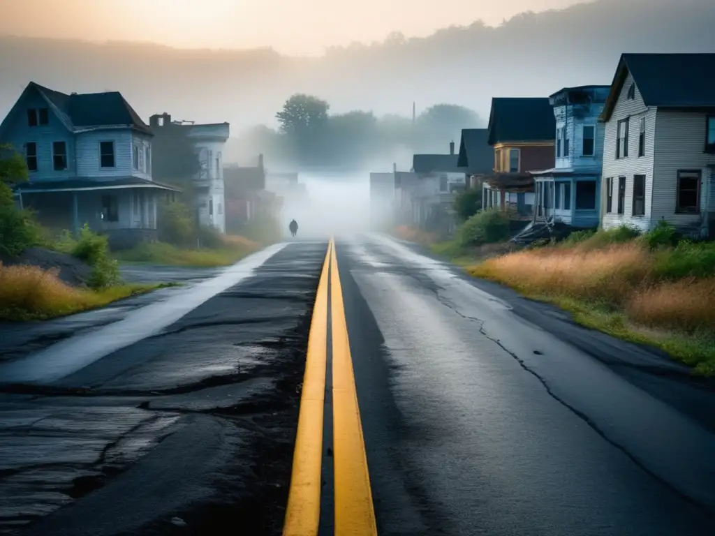 Una fotografía detallada de las desoladas calles de Centralia, Pensilvania, envueltas en una inquietante niebla. <b>El pavimento agrietado conduce hacia casas en ruinas, testigos del incendio subterráneo.</b> Una figura solitaria con máscara y equipo de protección, un