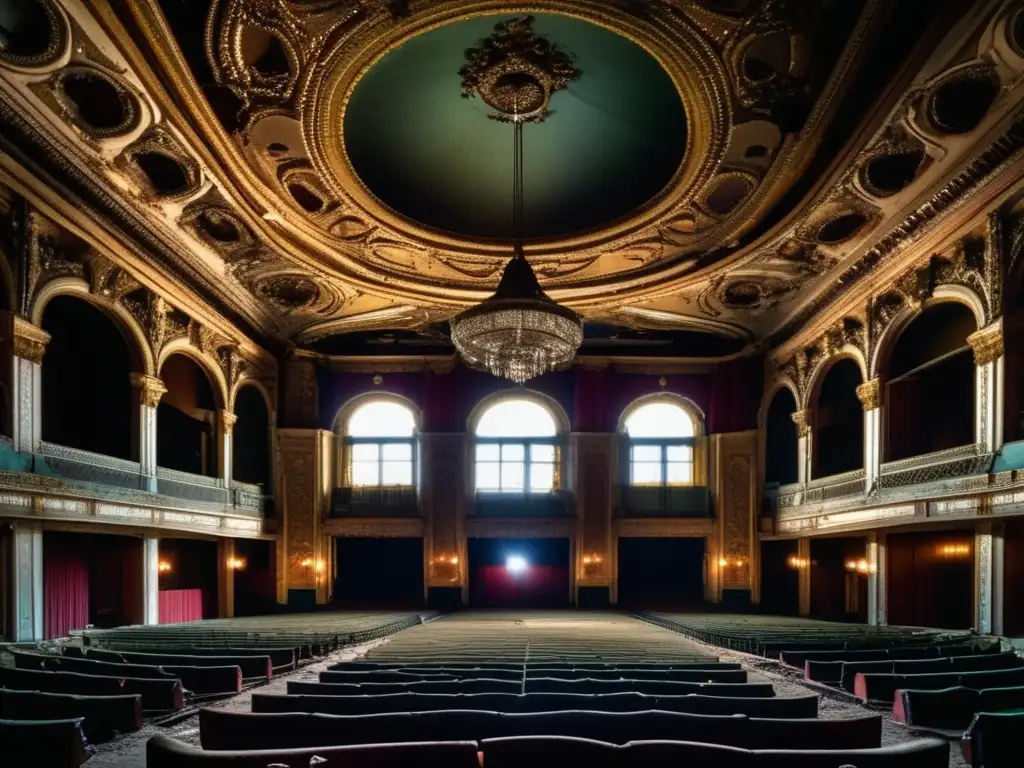 Una fotografía detallada de la Ópera de Detroit abandonada, capturando la grandeza decadente del edificio y su atmósfera nostálgica.