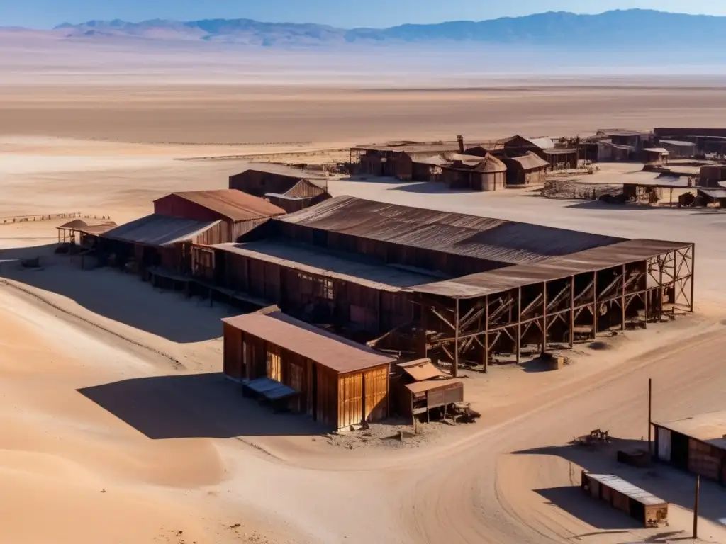 Una fotografía detallada de las ruinas abandonadas de Humberstone en Chile, con una atmósfera inquietante que captura la historia abandonada de este sitio.