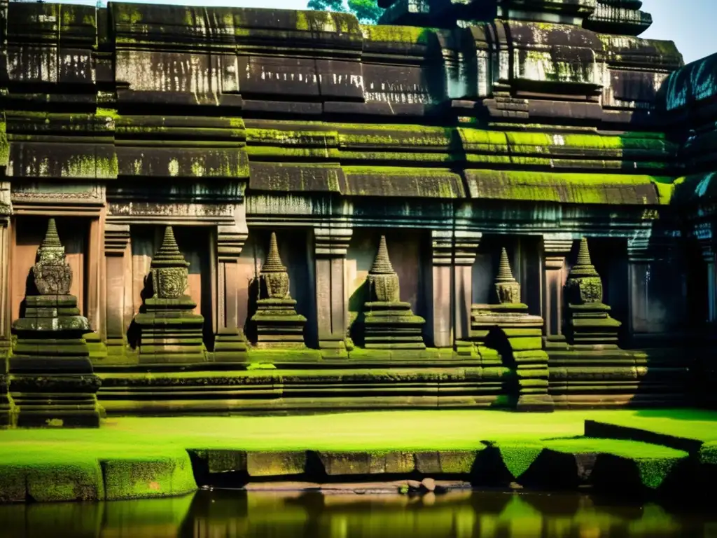 Detalles tallados en piedra en el antiguo templo de Angkor Wat, bañados por la luz solar. <b>Templos olvidados en Camboya.