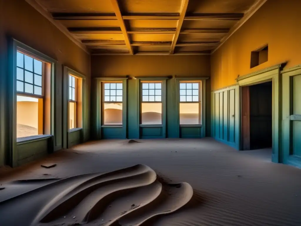 La fotografía muestra la deteriorada arquitectura de Kolmanskop, Namibia, iluminada por la suave luz del atardecer, creando una atmósfera de belleza y decadencia.