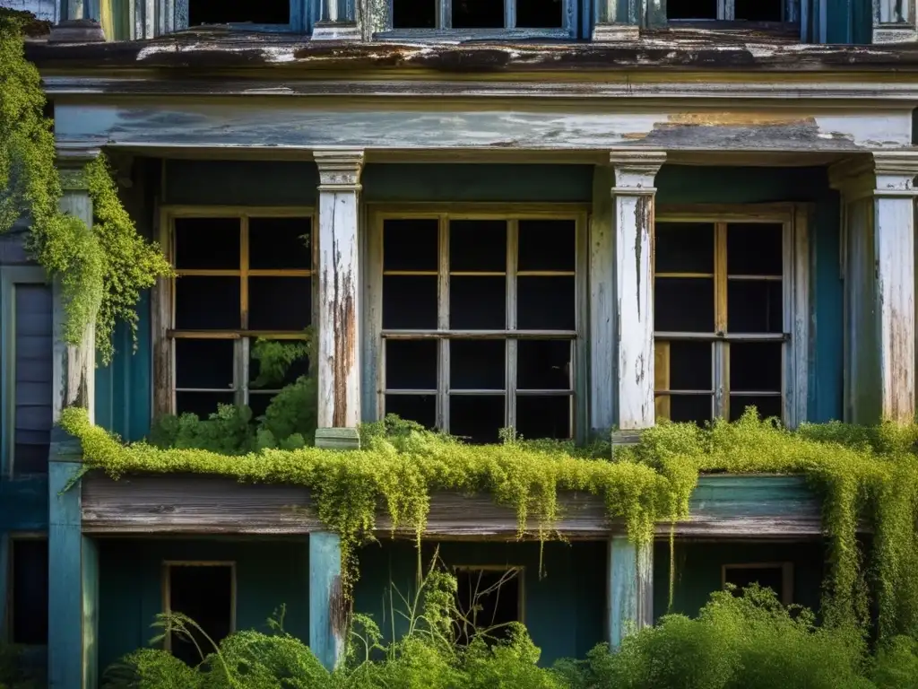 Explora el dilema moral de explorar lugares abandonados en esta imagen de un edificio abandonado, rodeado de vegetación y con ventanas rotas.