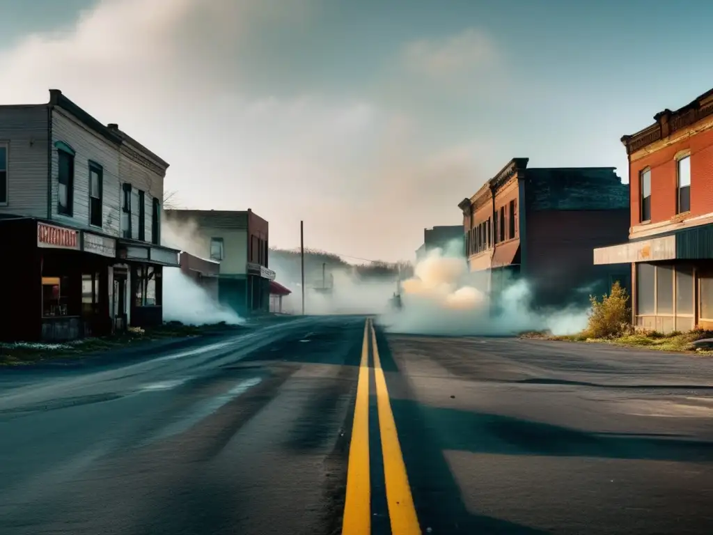 Una fotografía documental en alta resolución captura las desoladas calles de Centralia, Pennsylvania, envueltas en una neblina fantasmal de humo y vapor. Los edificios abandonados, cubiertos de graffiti y pintura descascarada, se yerguen como inquietantes reliquias de una era pasada