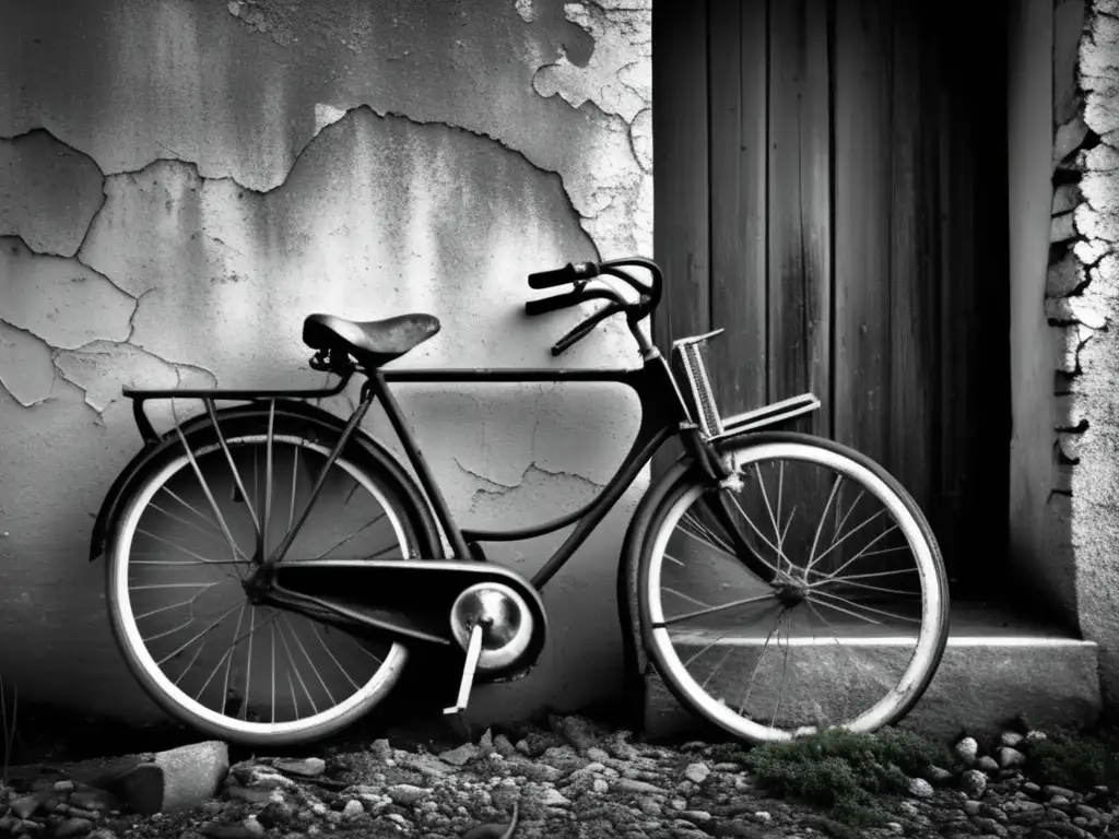 Una fotografía documental de objetos abandonados: una bicicleta oxidada apoyada en una pared agrietada, evocando la desolación y el paso del tiempo.