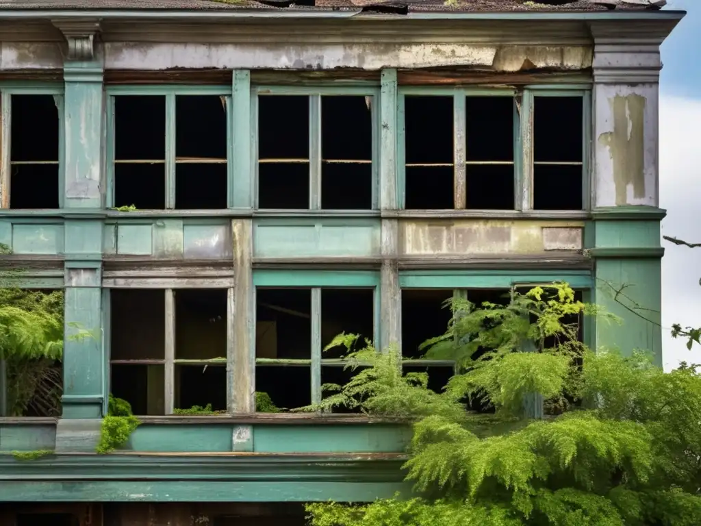 Una fotografía documental de objetos abandonados: un edificio desgastado con ventanas rotas y vegetación invadiendo la estructura, testamento del paso del tiempo y la negligencia urbana.