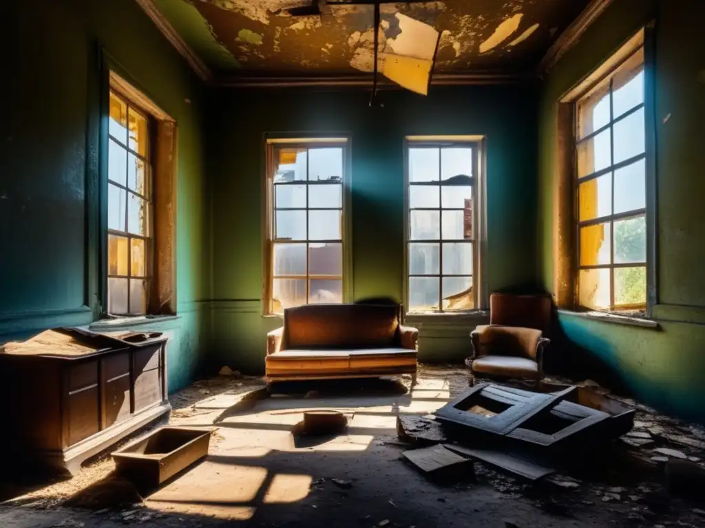 Fotografía documental de objetos abandonados en una escena de abandono, con luz solar filtrándose entre ventanas rotas y proyectando sombras dramáticas. El ambiente captura una nostalgia conmovedora y el paso del tiempo.