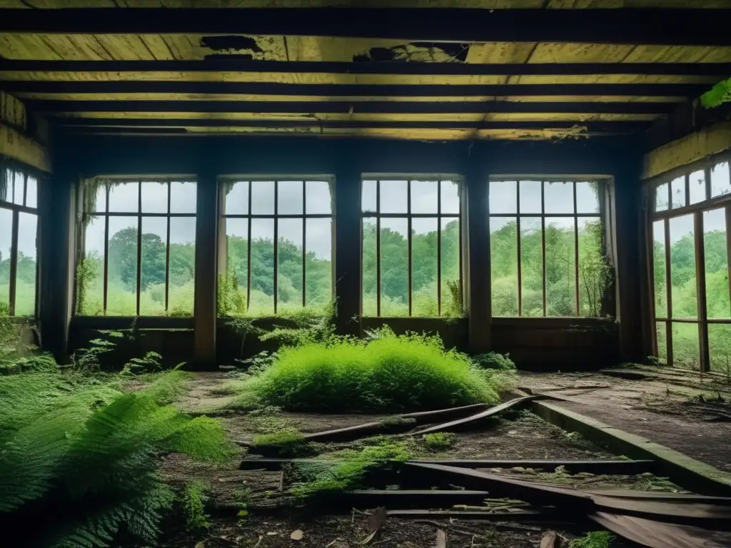 Una fotografía documental de alta resolución de un sitio abandonado, con detalles intrincados de la arquitectura en ruinas y vegetación sobresaliente, evocando la belleza inquietante del lugar y fomentando la reflexión sobre modelos de negocio para conservar sitios abandonados.