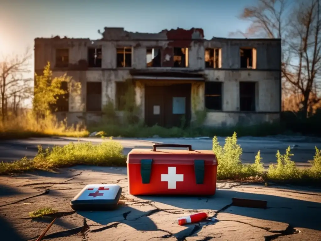 Un edificio abandonado y desolado, con un botiquín en primer plano, evoca la importancia de los primeros auxilios en entornos abandonados.