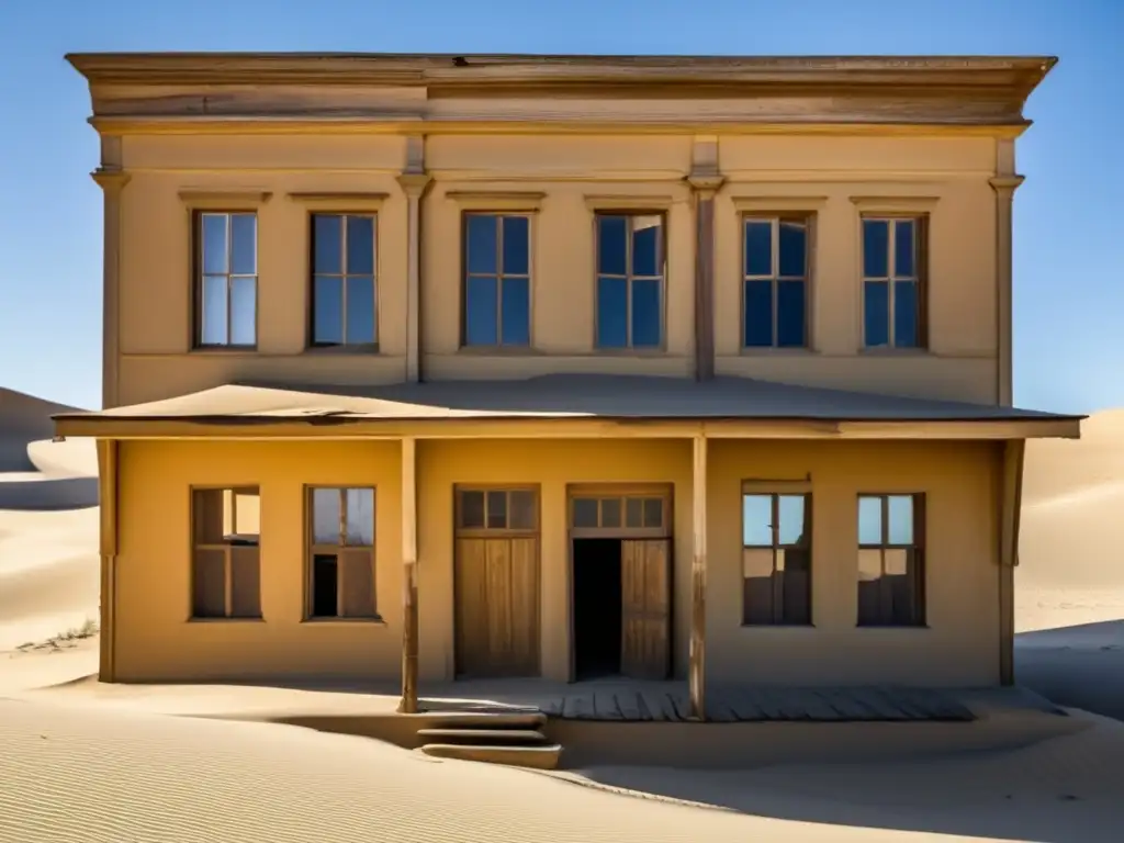 Ruinas coloniales en Kolmanskop: drama desértico Un edificio colonial abandonado en Kolmanskop, invadido por dunas de arena. <b>La fachada envejecida y las ventanas vacías cuentan la historia de una comunidad próspera ahora reclamada por la arena.</b> Turismo en ciudades fantasmas abandonadas.