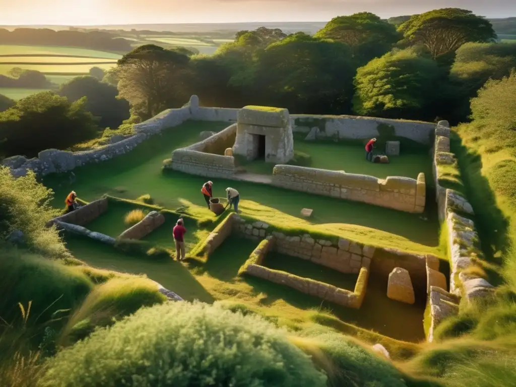 Equipo de arqueólogos explorando ruinas celtas en Bretaña, Francia, en una escena documental al amanecer.