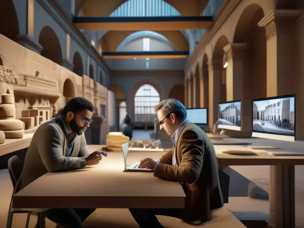 Un equipo de arqueólogos utiliza tecnología de modelado 3D para reconstruir estructuras urbanas históricas. <b>Escaneando detalles arquitectónicos con precisión en un entorno urbano bullicioso.</b> <b>Modelado 3D en arqueología urbana.