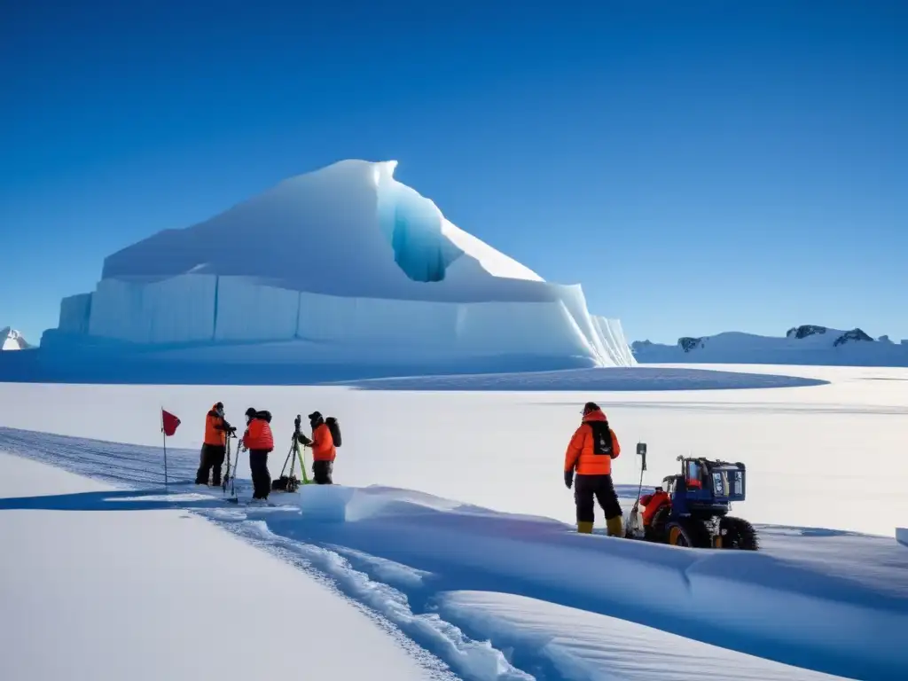 Un equipo de científicos en trajes protectores para el frío excava cuidadosamente una base científica extinta en la Antártida, rodeados de formaciones de hielo mientras el sol brilla en el paisaje helado.