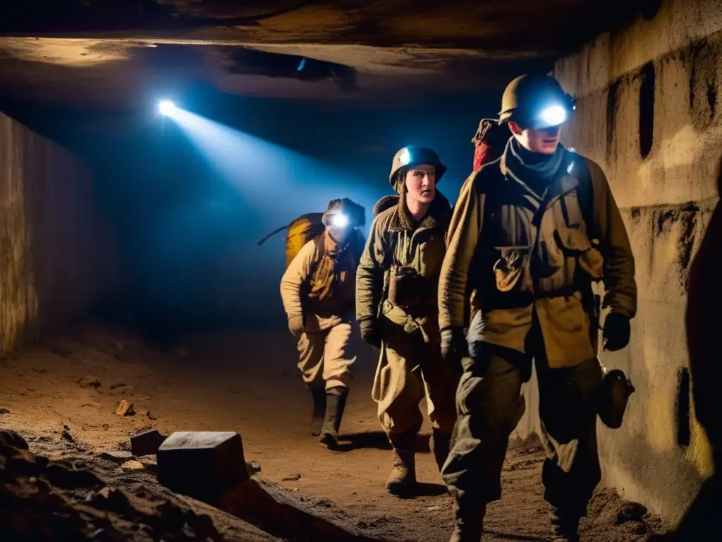 Un equipo de exploradores con linternas recorre un bunker abandonado en la frontera oriental. <b>Atmosfera misteriosa de descubrimiento histórico.