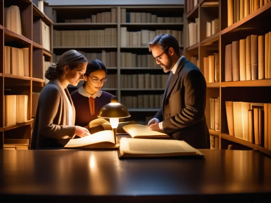 Un equipo de investigadores examina con meticulosidad documentos y artefactos históricos en una sala de archivos tenue, rodeados de estantes llenos de libros antiguos. La suave luz de las lámparas de escritorio ilumina sus expresiones concentradas mientras manejan con cuidado objetos delicados, capturando la es