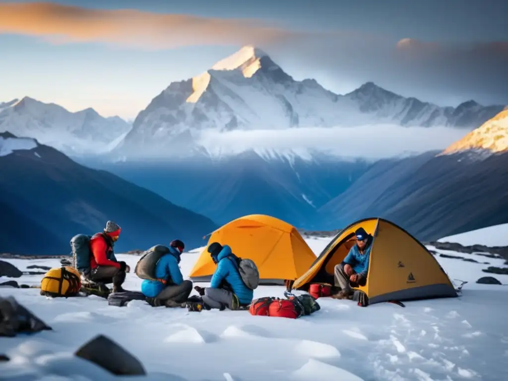 Un equipo de montañistas se reúne en un campamento base de alta altitud, preparándose para una expedición desafiante en un entorno remoto y aislado. Los picos nevados se alzan en la distancia, mientras que la determinación en los rostros de los miembros del equipo refleja la ser