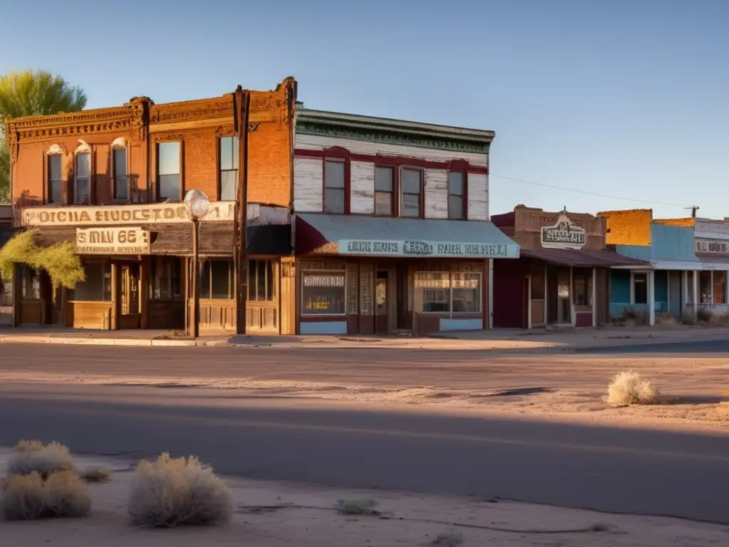 Una escena desolada y fantasmal en una ciudad abandonada de la Ruta 66, con edificios en ruinas, letreros de neón descoloridos y calles cubiertas de maleza. <b>El sol poniente añade un toque de abandono.