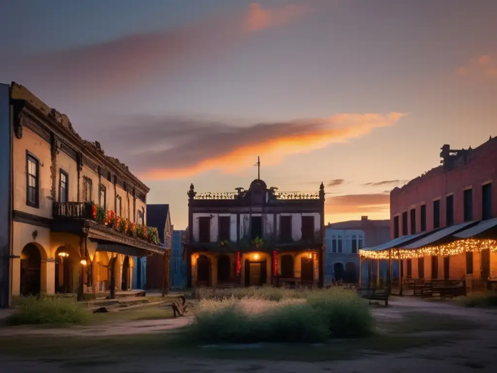 Un escenario en ruinas con restos de festividades, evocando un tiempo detenido en un lugar abandonado.