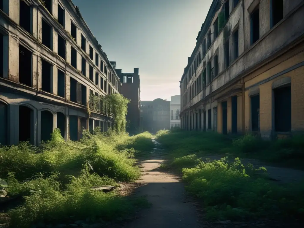 Un escenario urbano desolado y misterioso, con edificios en ruinas y vegetación invasiva, evocando ciudades fantasma abandonadas.