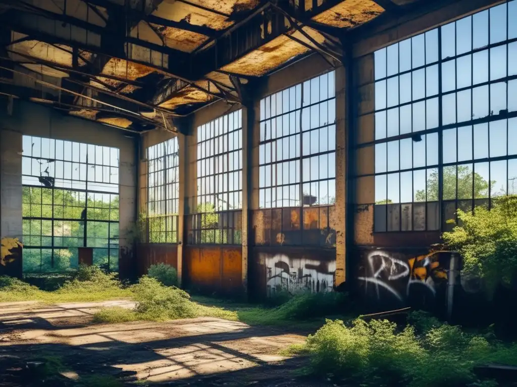 Una fotografía en escenarios abandonados de una fábrica industrial, con paredes cubiertas de graffiti, ventanas rotas y vegetación sobresaliente. La luz y la sombra resaltan la desolación y el paso del tiempo en este paisaje olvidado.