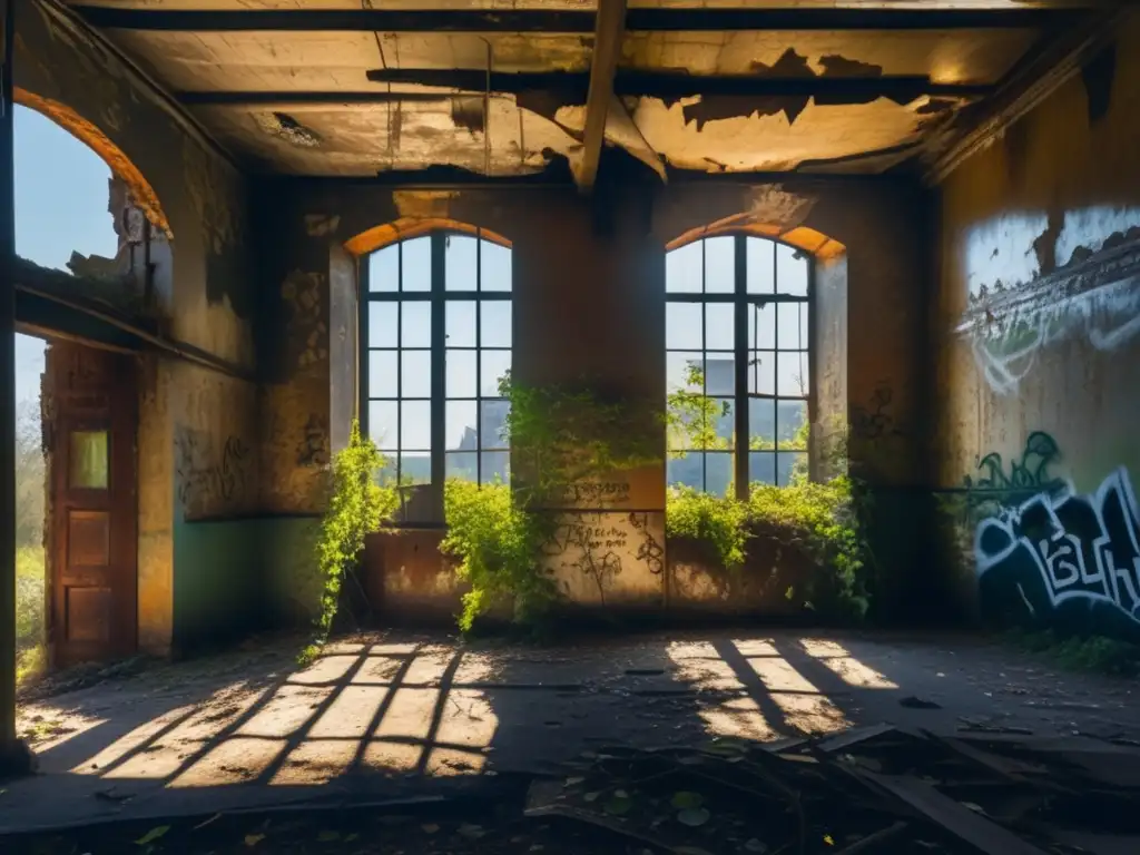 Fotografía en escenarios abandonados: Imagen 8k ultradetallada de un edificio en ruinas con grafitis, luz solar filtrándose y naturaleza reclamando la estructura. Una escena de decadencia y resiliencia.