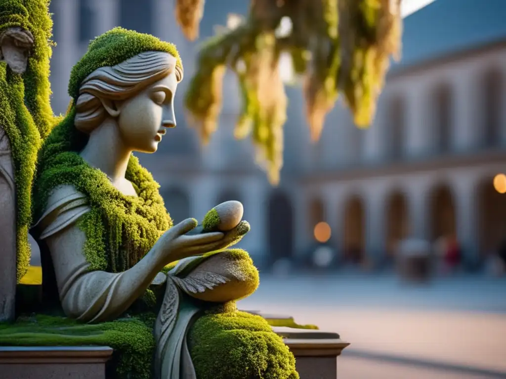 Una escultura de ciudades abandonadas: una figura de piedra desgastada se alza en una plaza desierta, envuelta en musgo y enredaderas al amanecer.