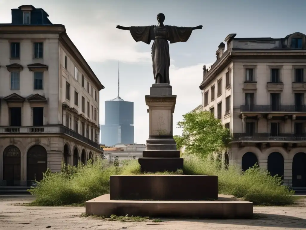 Una escultura de ciudades abandonadas se yergue en un solitario y desolado paisaje urbano, testigo del paso del tiempo y la belleza en la decadencia.