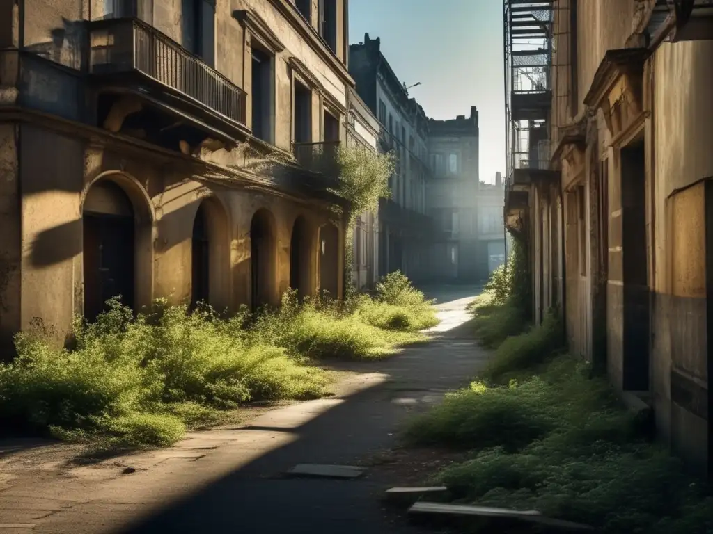 Una fotografía de alta resolución que captura la esencia de una ciudad abandonada, con edificios en ruinas y vegetación sobrepasada, creando una atmósfera evocadora de desolación y paso del tiempo.