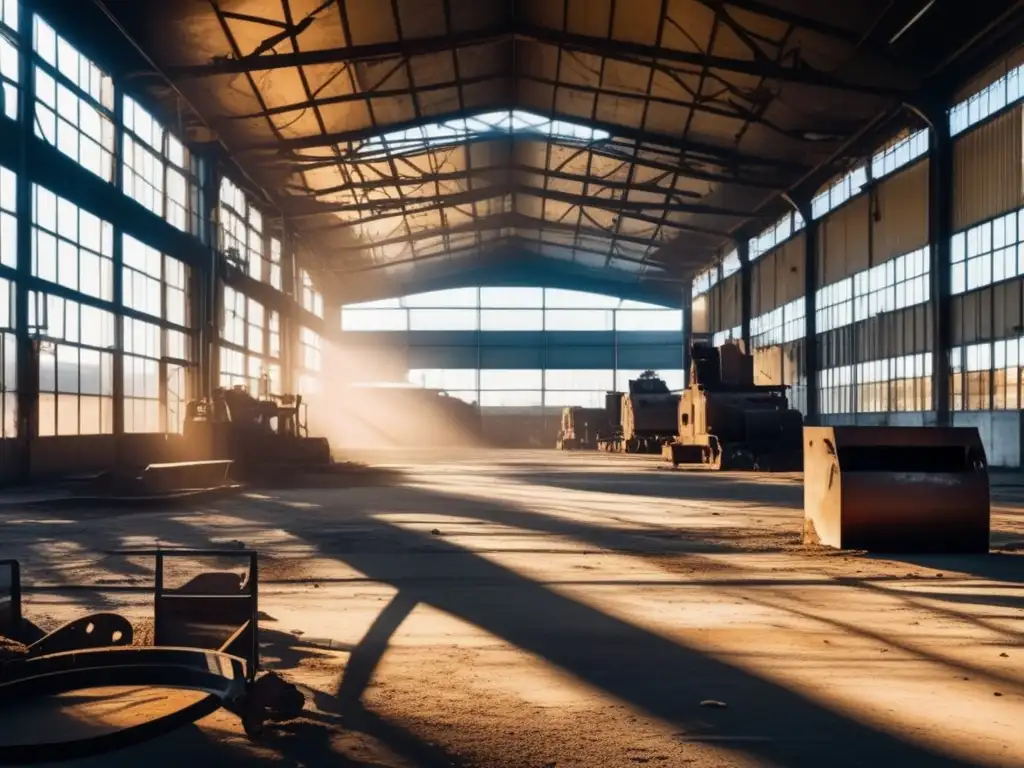 Un espacio industrial abandonado, iluminado por la luz solar filtrándose a través de ventanas rotas. <b>La atmósfera desolada está marcada por maquinaria oxidada y pintura descascarada.</b> <b>En el fondo, restos de una cinta transportadora y equipo industrial.</b> <b>La naturaleza reclama lentamente el edificio.