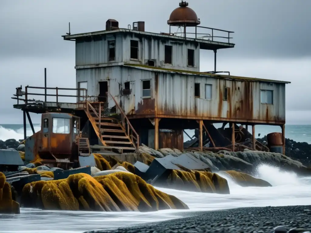 Una estación de investigación marina abandonada en una remota costa rocosa, con equipo oxidado y un cielo amenazante.